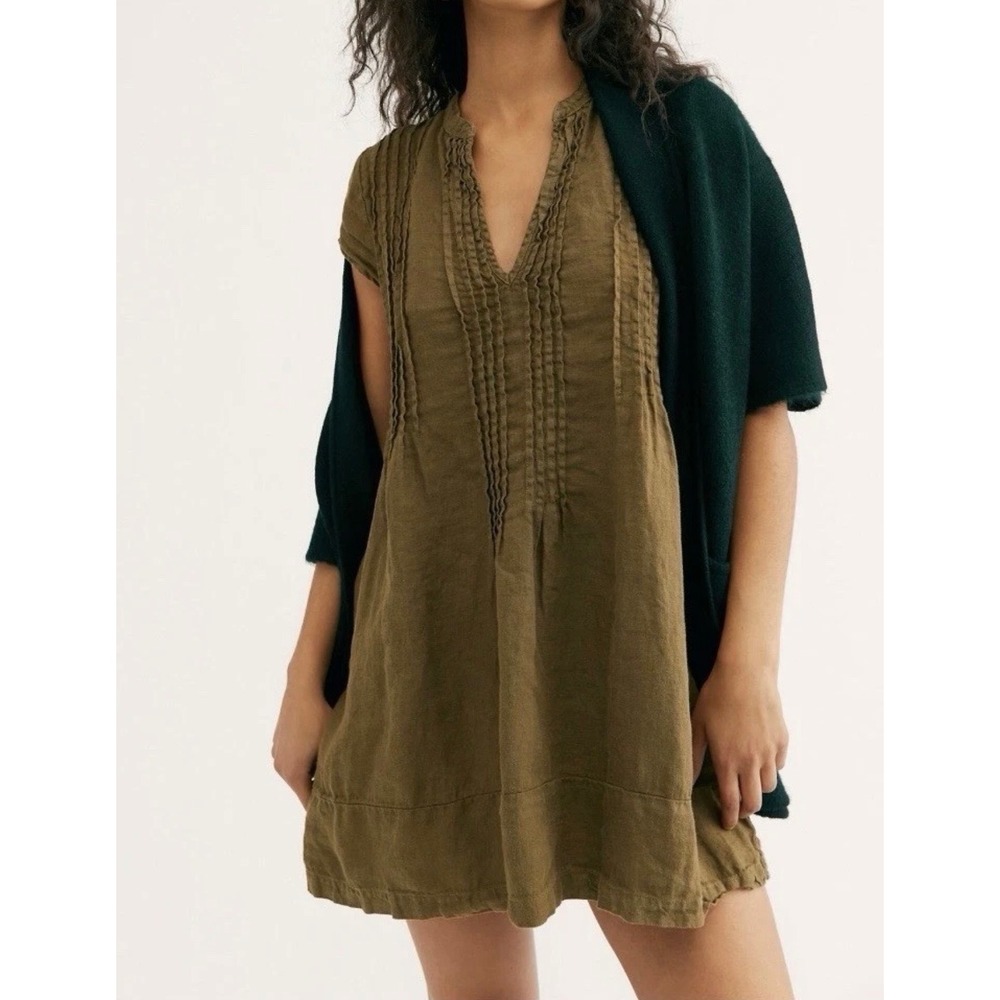 CP Shades x Free People Regina Pintuck 100% Linen Tunic Dress Women's L Green